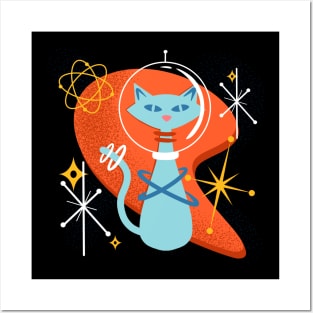 Atomic Funny Space Cat in Cosmic Mid Century Modern Vintage Style Posters and Art